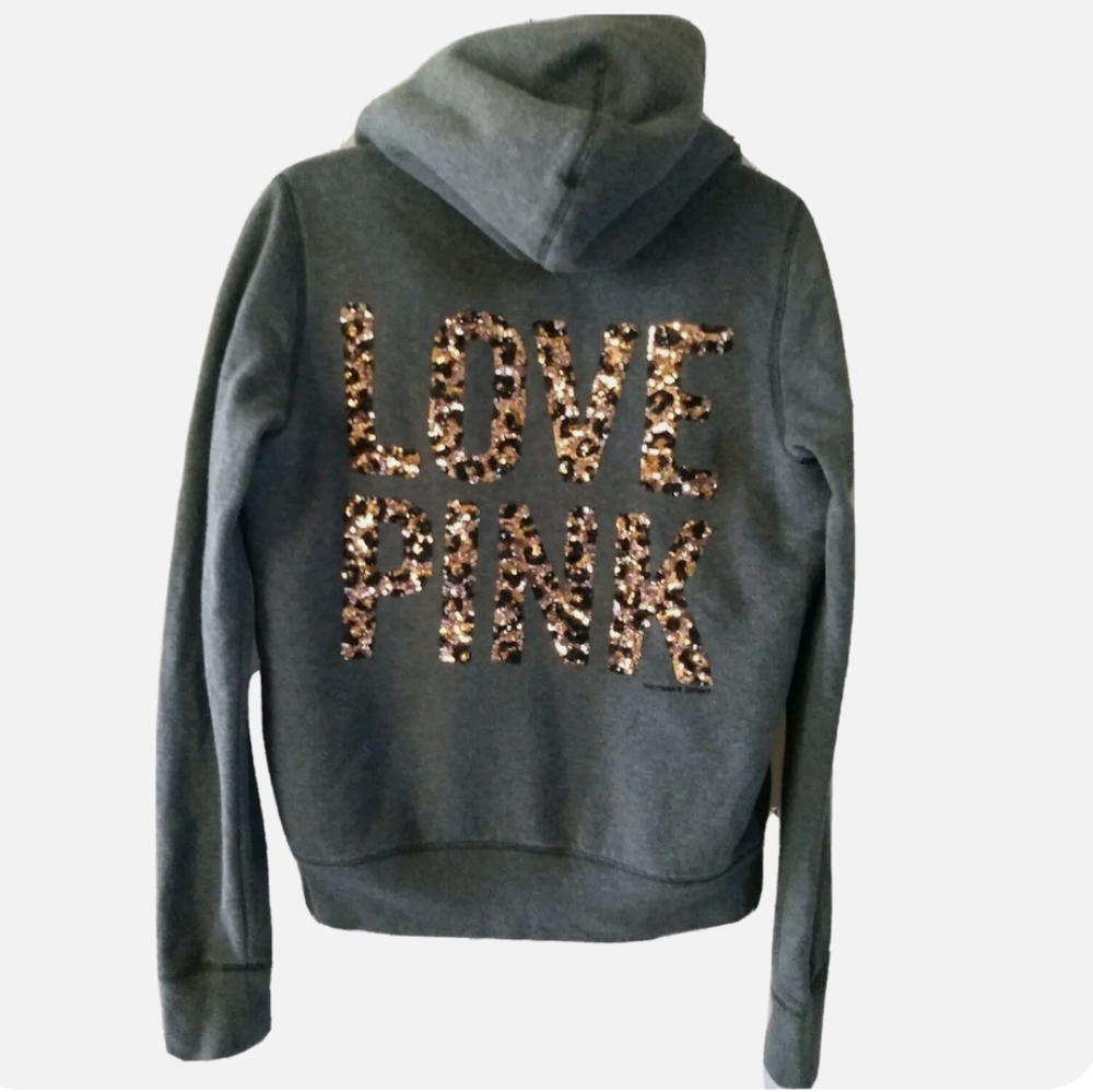 PINK Victoria's Secret BLING Cheetah Fashion Show Sequin Fur Full Zip Hoodie Sm